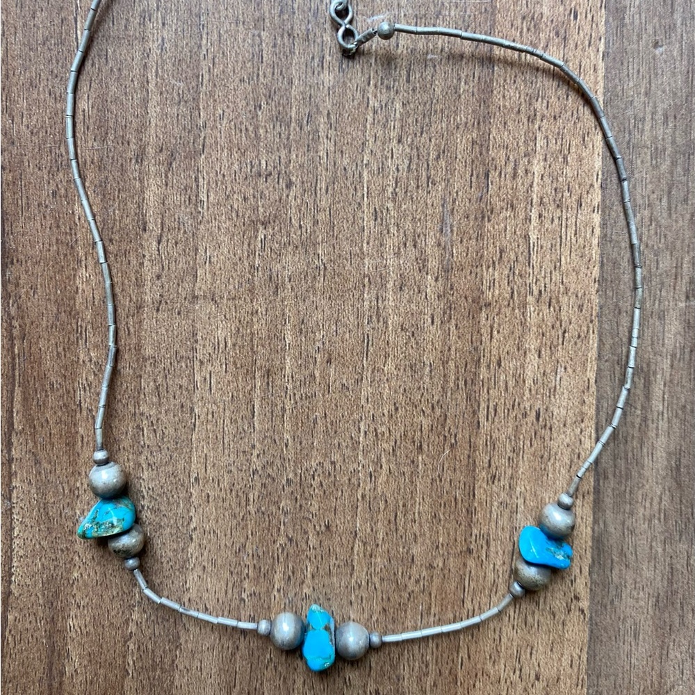 Vintage Turquoise Nugget Beaded Necklace Silver Choker